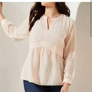 LOFT Baby Pink Blouse Swiss Dot Empire Waist Peplum Babydoll Top Long Sleeve 16